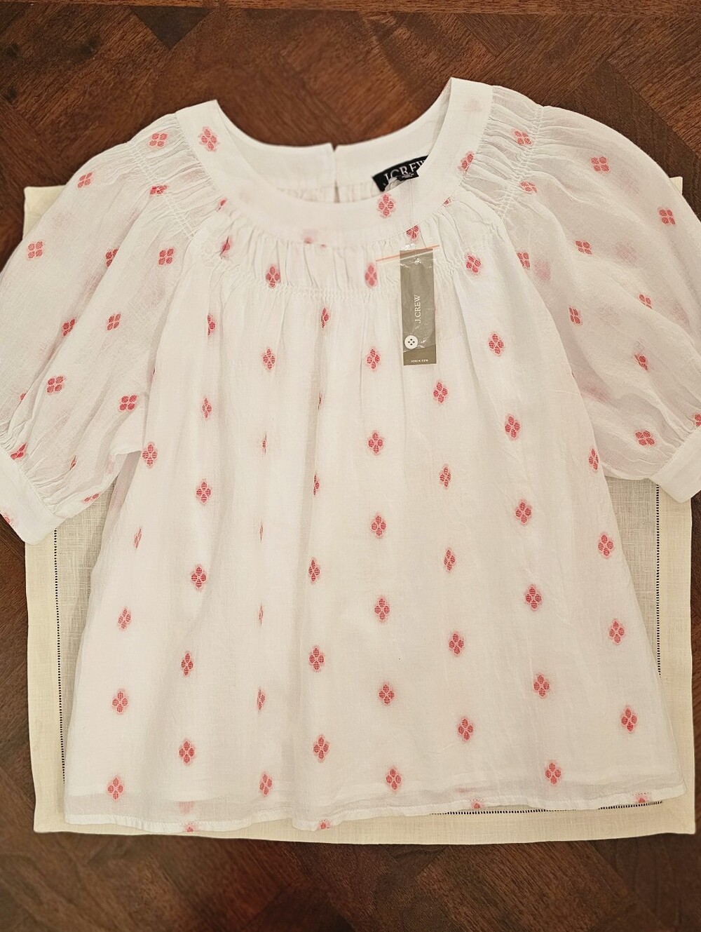 J.Crew Womens White Gauzy Top Smocked Neck Short Sleeve Red Embroidered Dots XXS - Picture 12 of 12